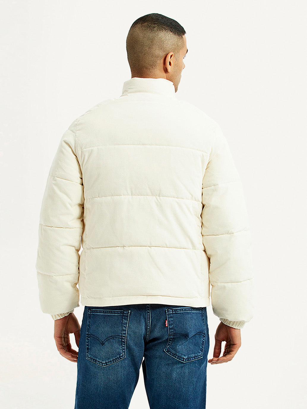 Men's Solid Cream Puffer Jacket - Back View