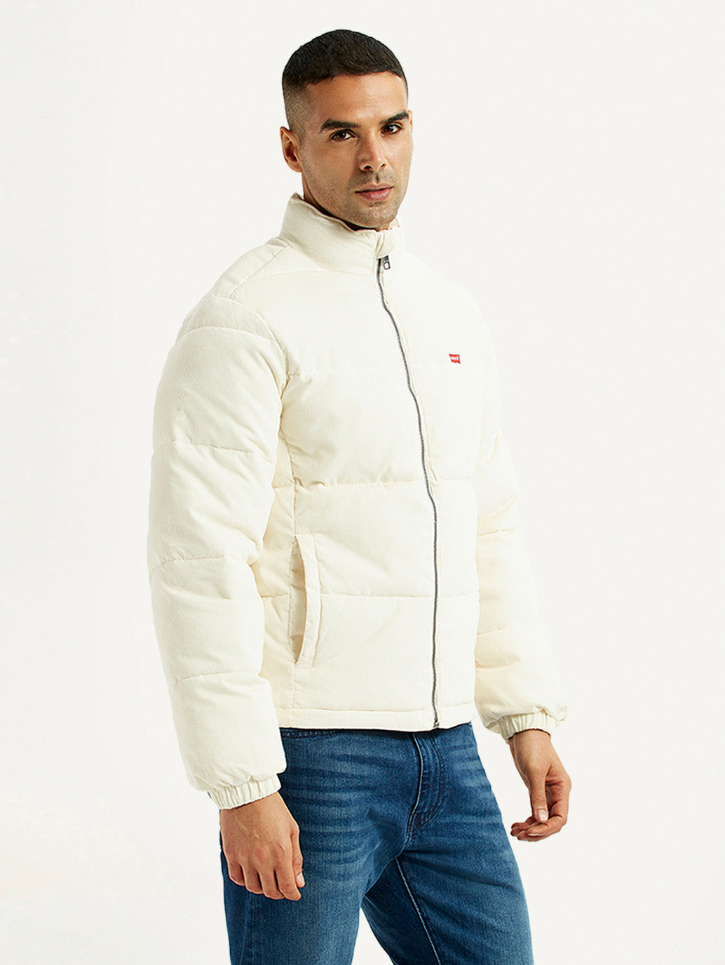 Men's Solid Cream Puffer Jacket - Side View
