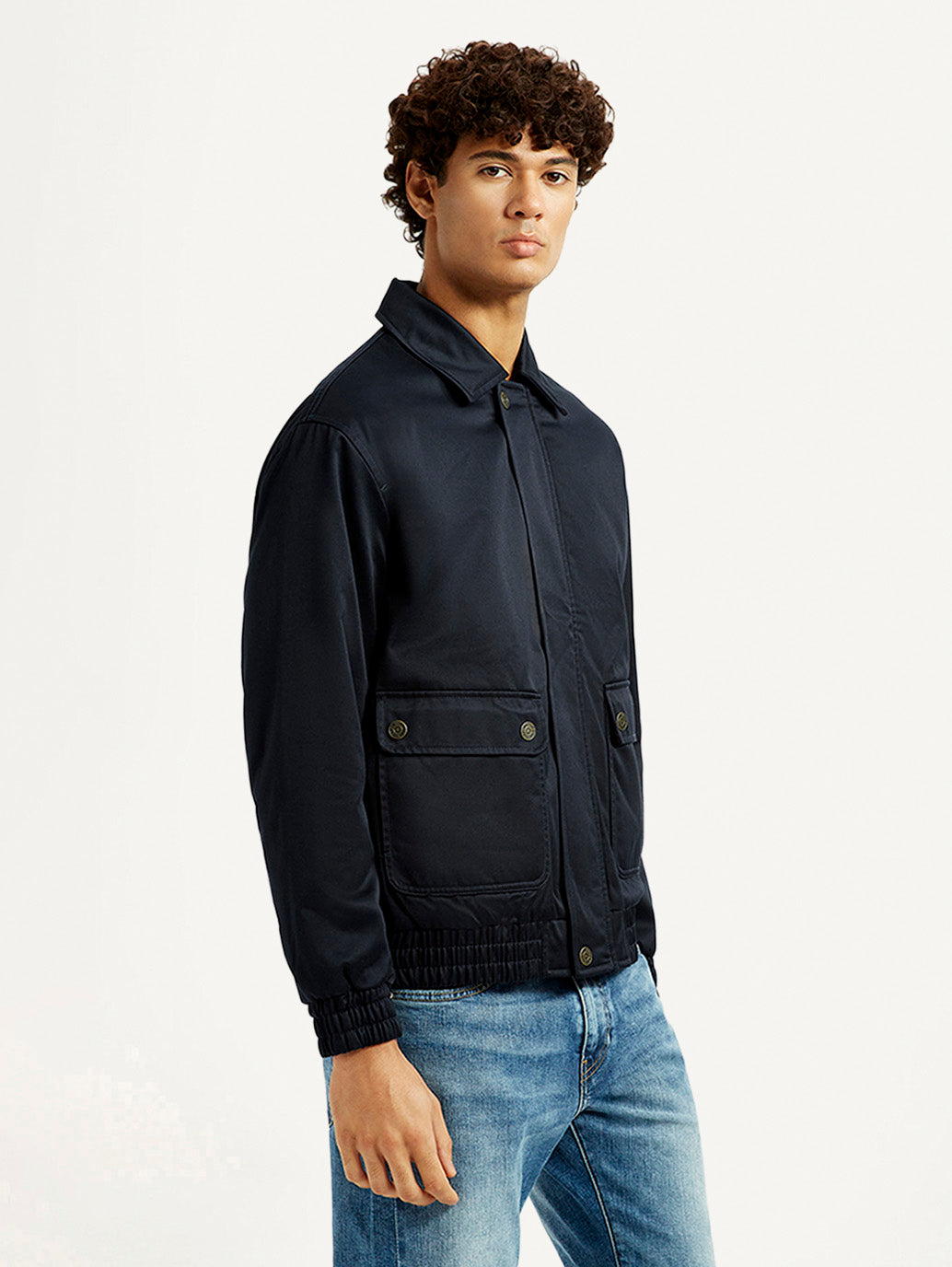 Men's Navy Solid Slim Fit Jacket - Side View