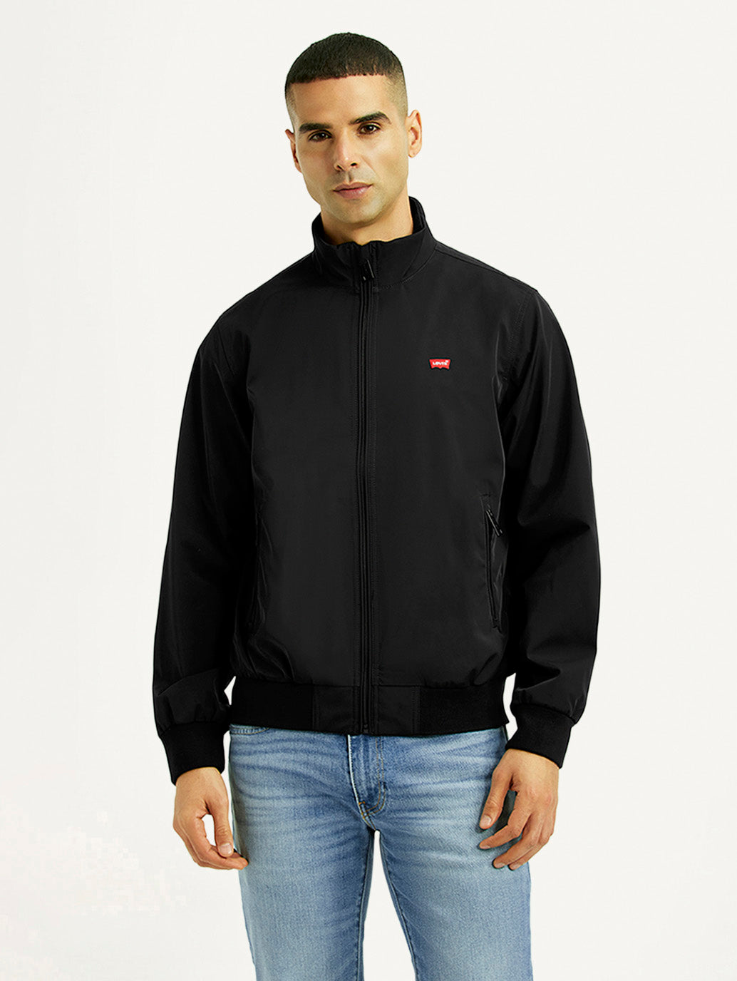 Men's Solid Black Bomber Jacket - Front View