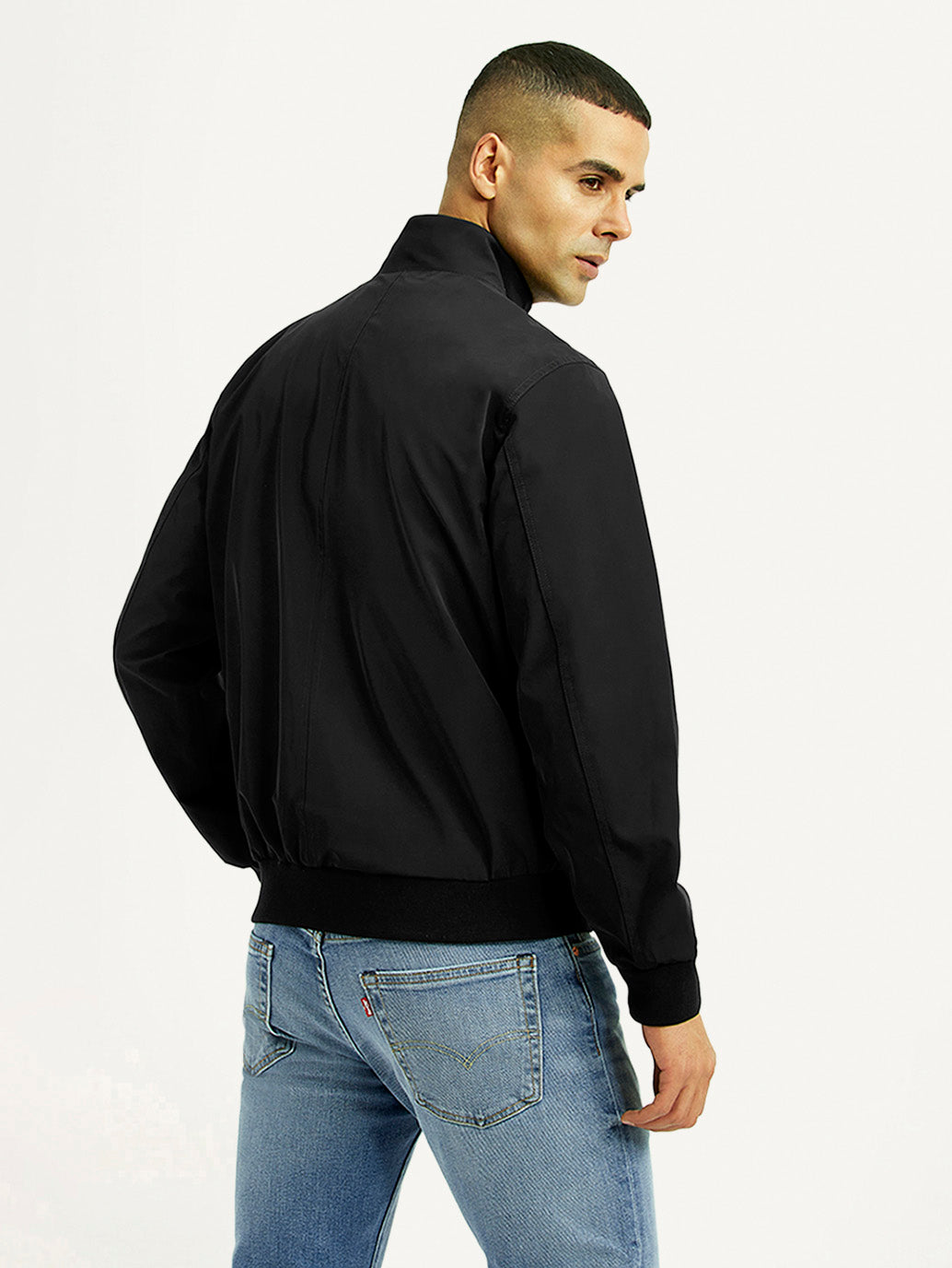 Men's Solid Black Bomber Jacket - Back View