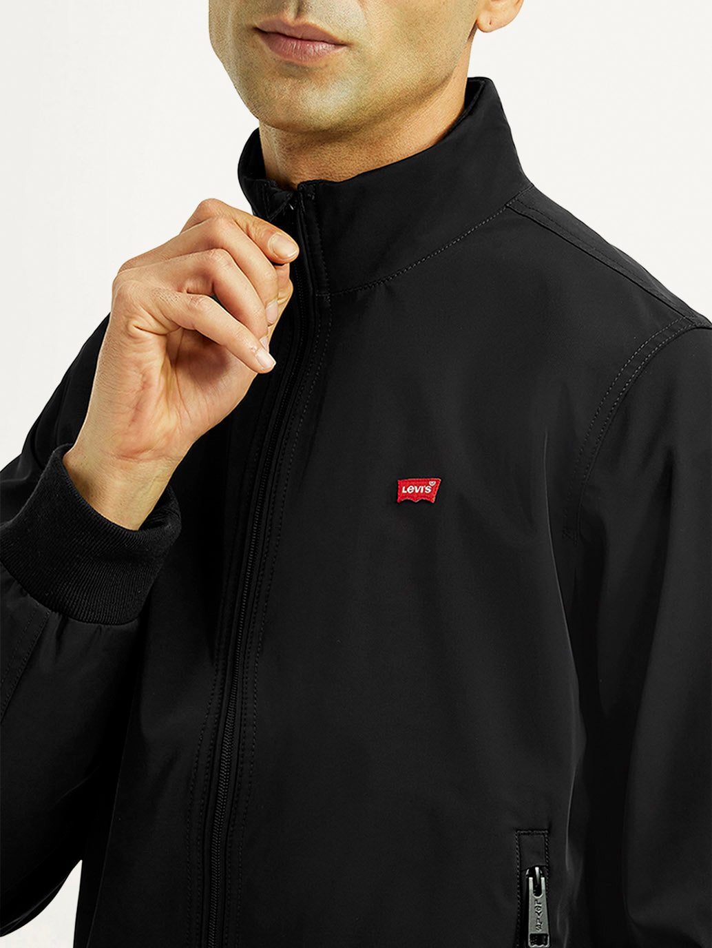 Men's Solid Black Bomber Jacket - Detail View