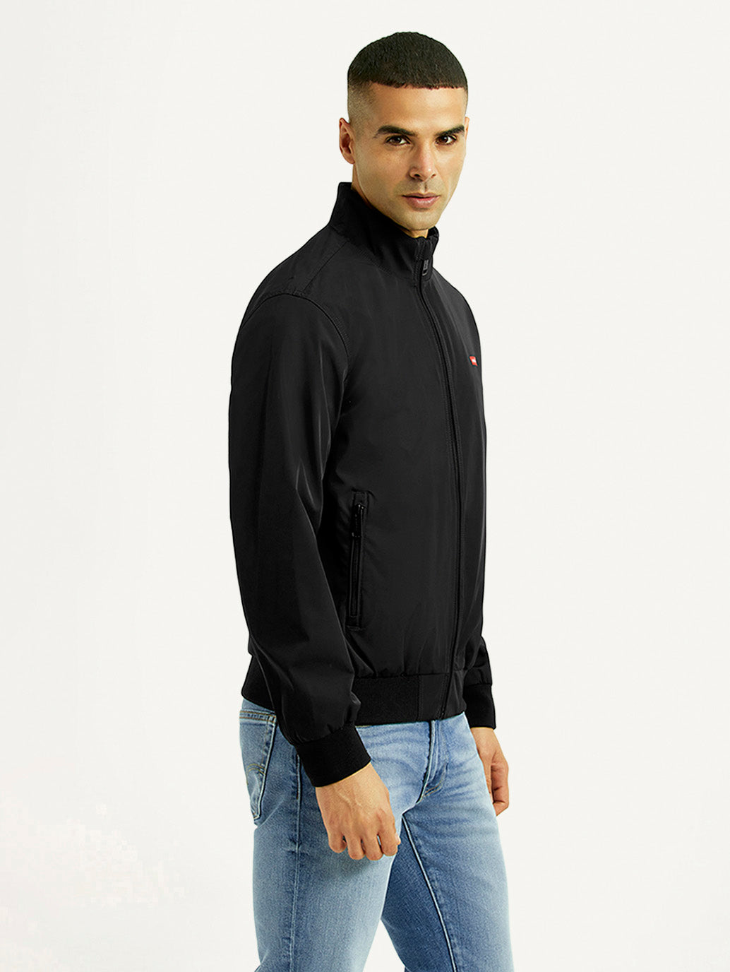 Men's Solid Black Bomber Jacket - Side View