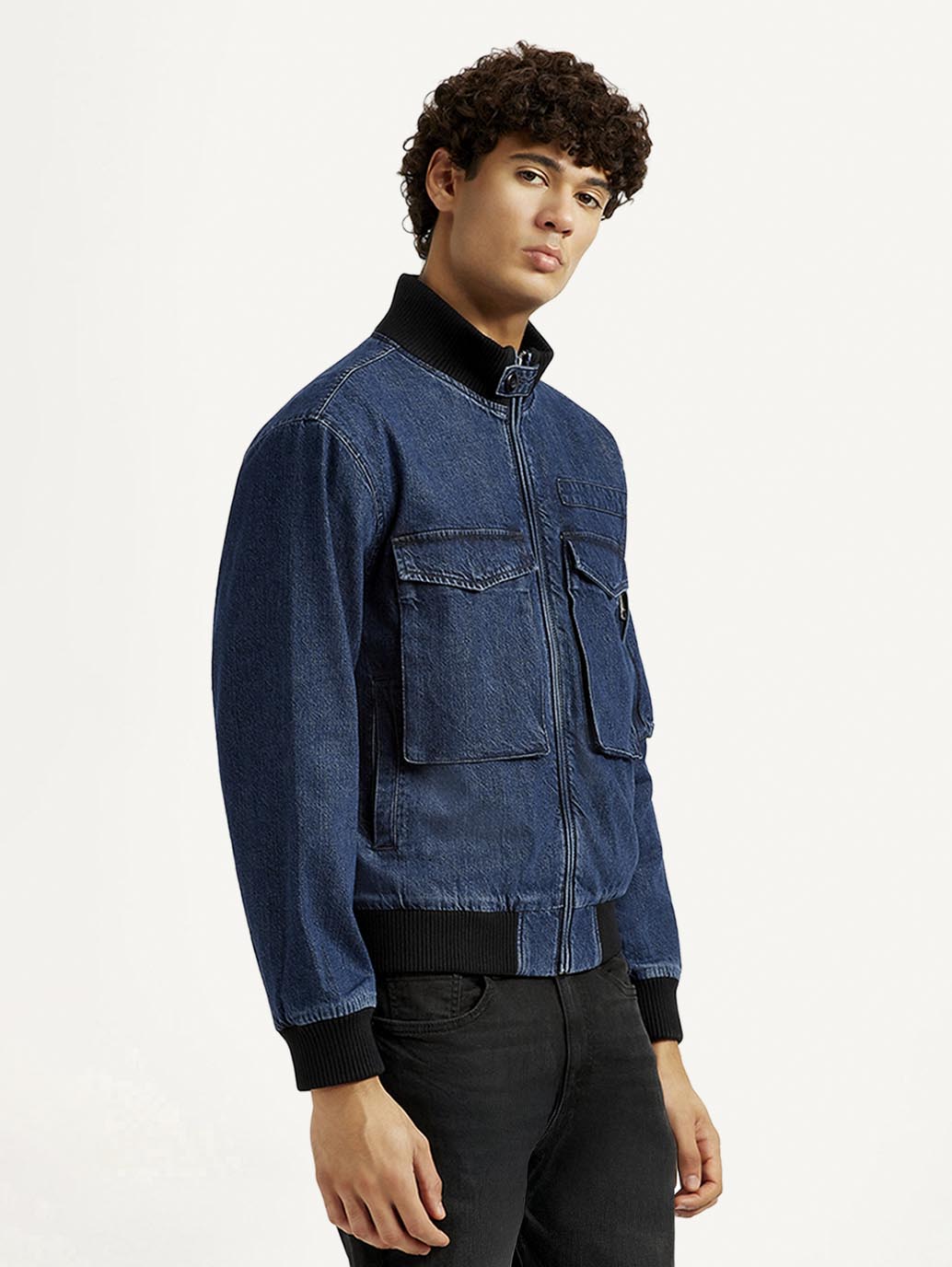 Men's Colorblock Dark Blue Denim Jacket - Side View