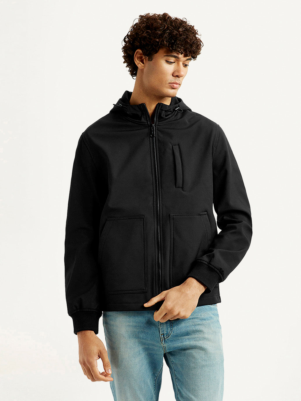 Men's Solid Black Windcheater Jacket - Front View