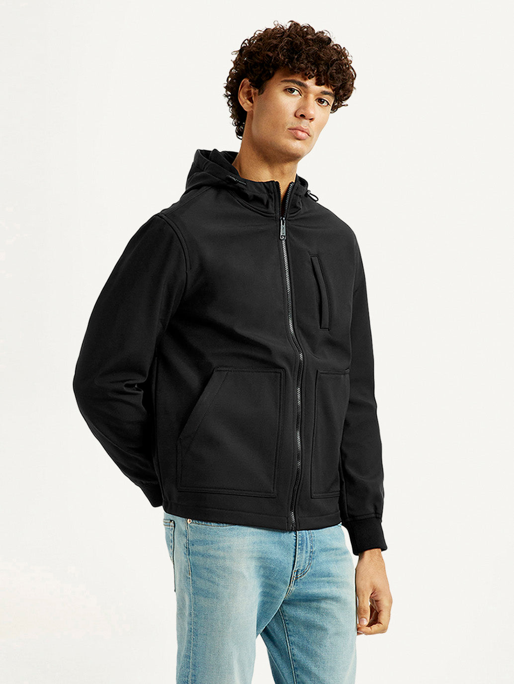 Men's Solid Black Windcheater Jacket - Side View