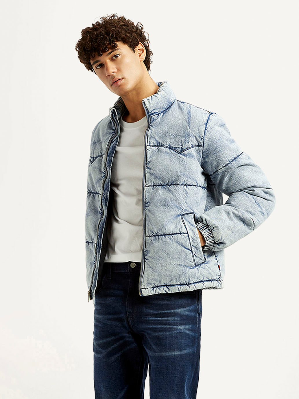 Men's Quilted Light Blue Puffer Jacket - Styleshot View
