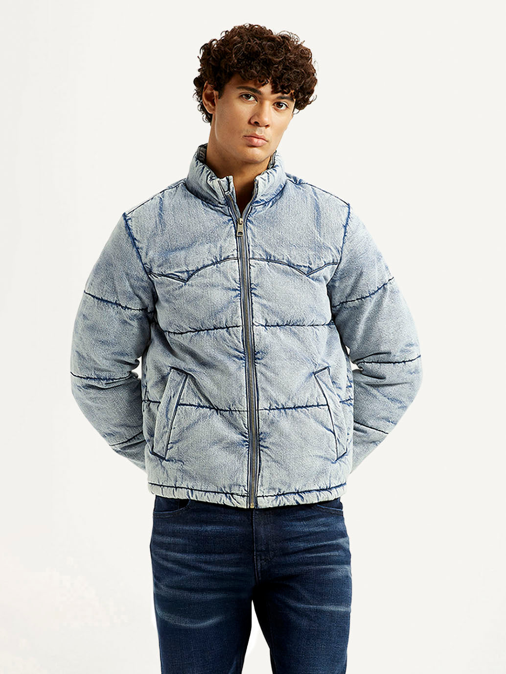 Men's Quilted Light Blue Puffer Jacket - Front View