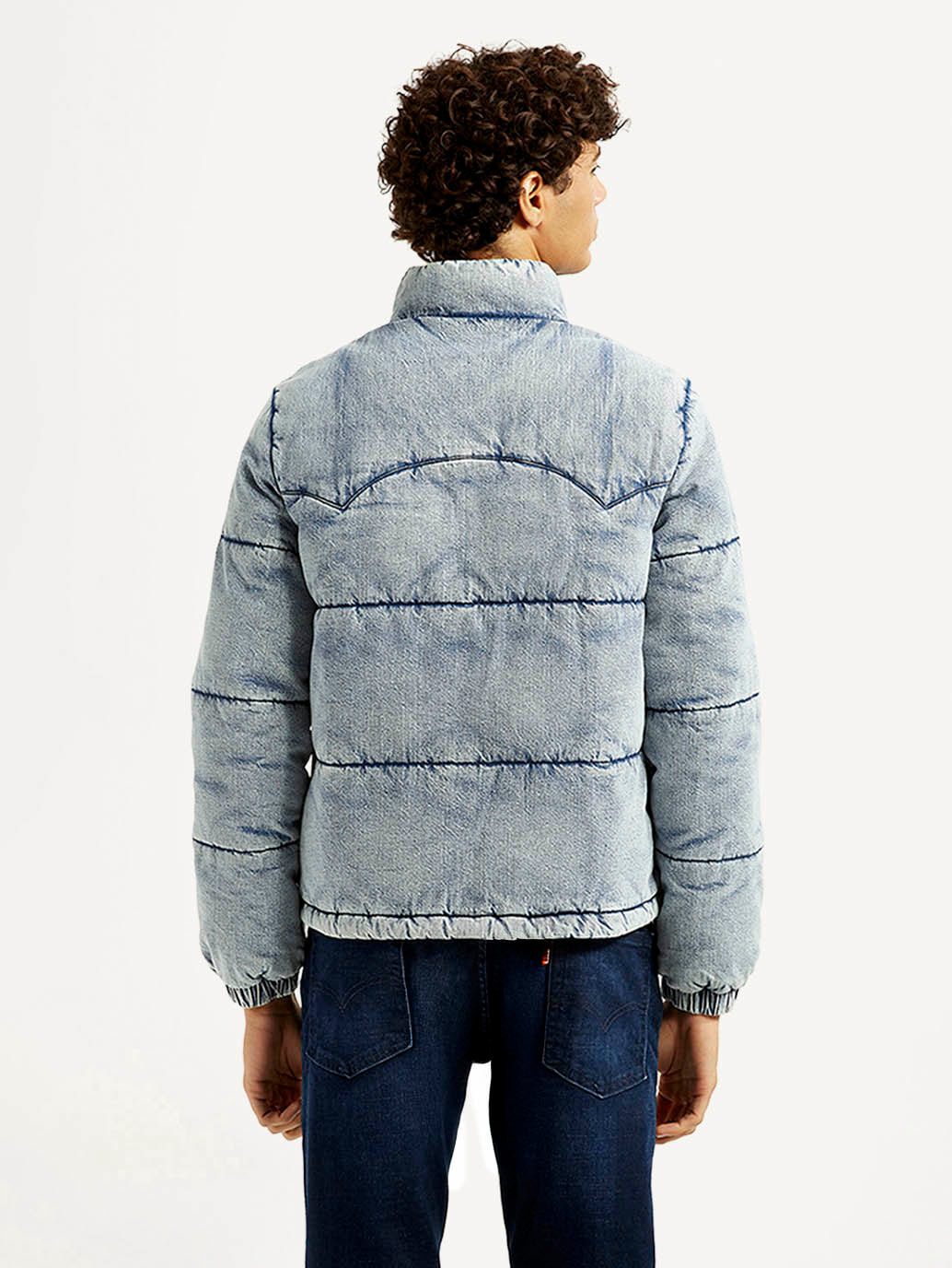 Men's Quilted Light Blue Puffer Jacket - Back View