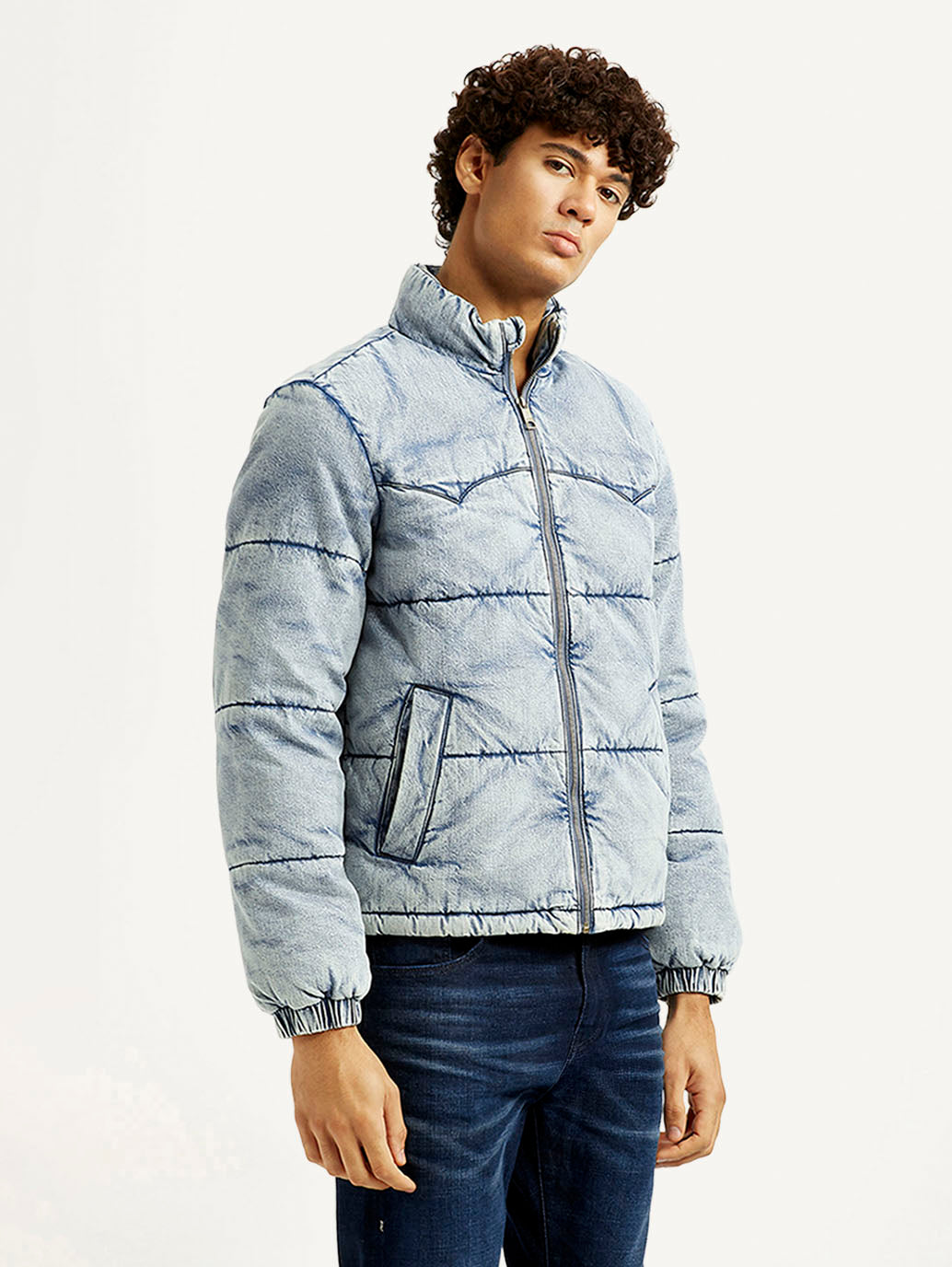 Men's Quilted Light Blue Puffer Jacket - Side View