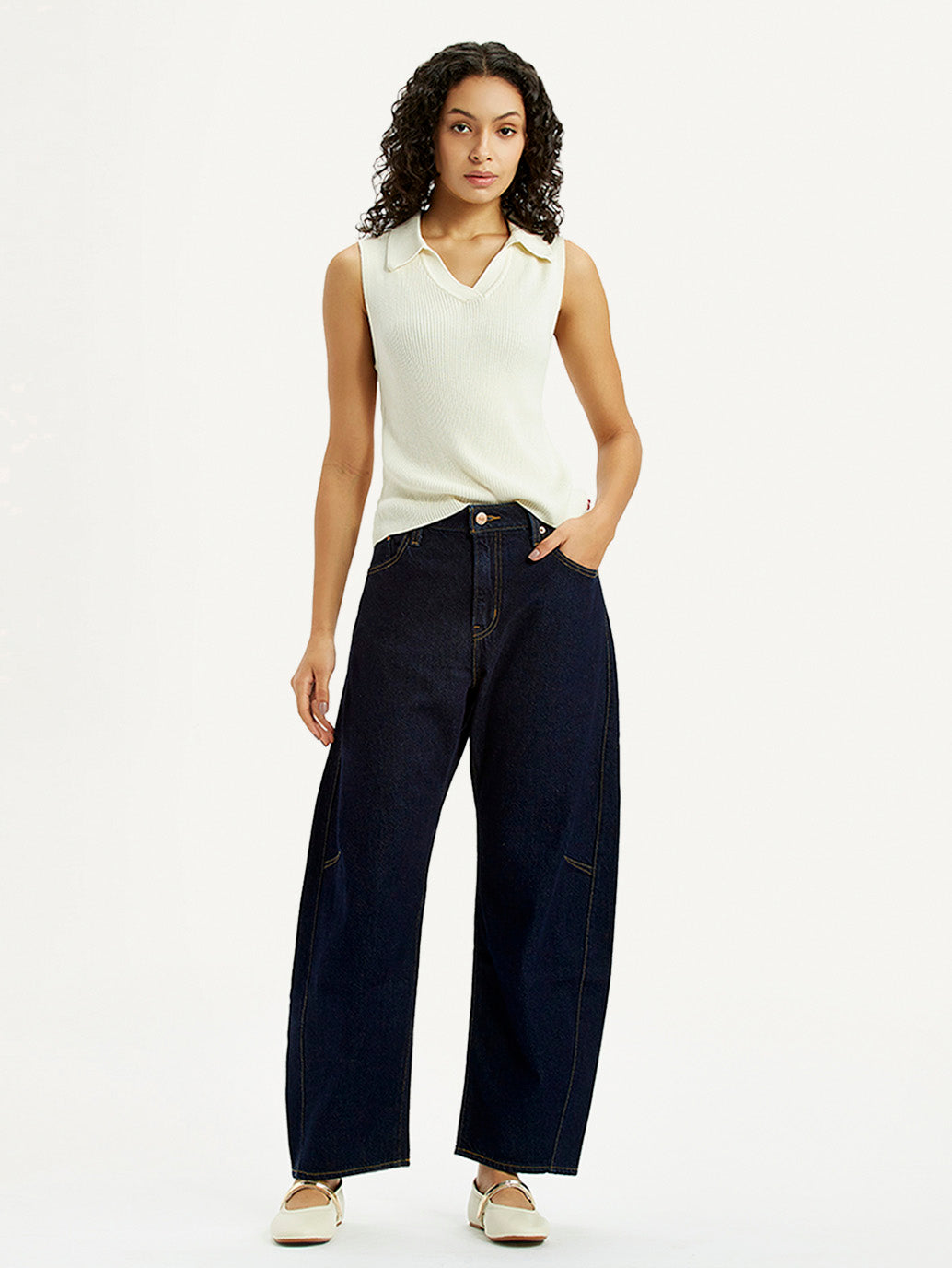 Women's Dark Blue Barrel Loose Fit Mid Rise Jeans - Styleshot View