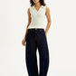 Women's Dark Blue Barrel Loose Fit Mid Rise Jeans - Front View