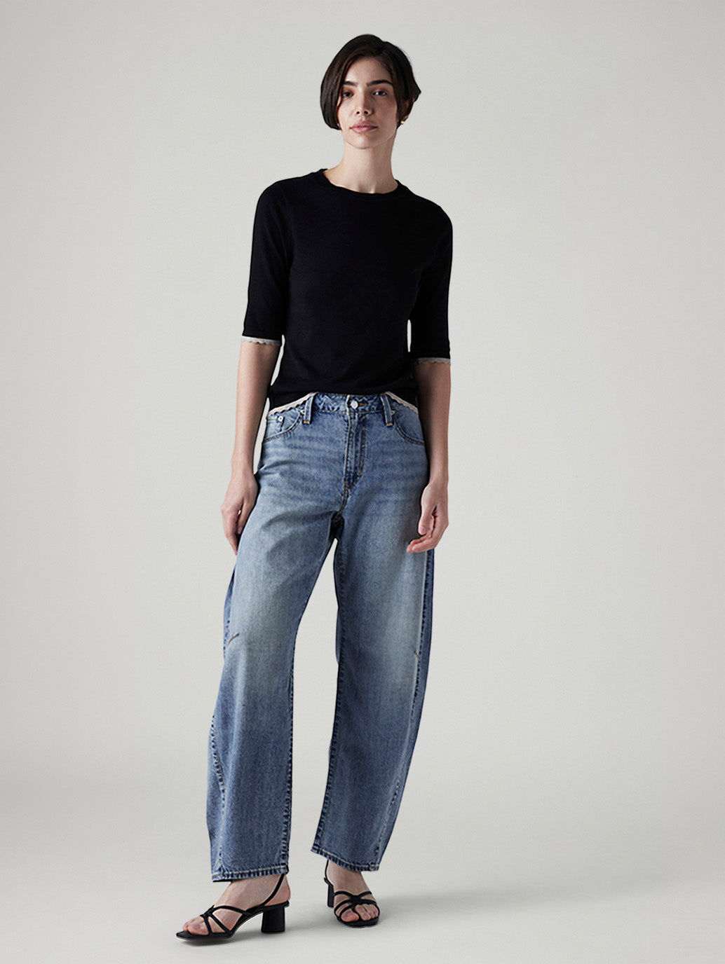 Women's Med Indigo Baggy Dad Barrel Loose Fit Mid Rise Jeans