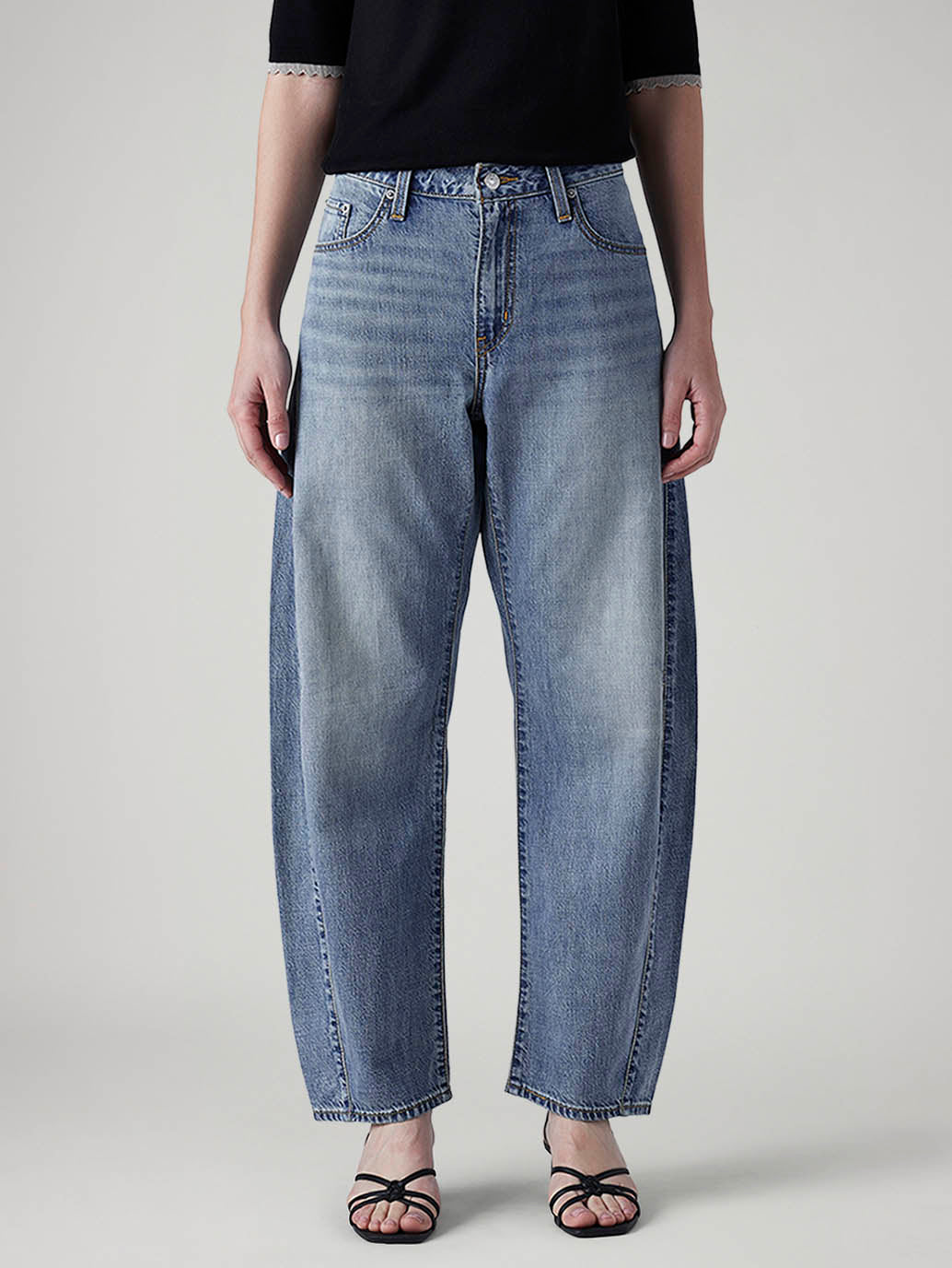 Women's Med Indigo Baggy Dad Barrel Loose Fit Mid Rise Jeans - Front View
