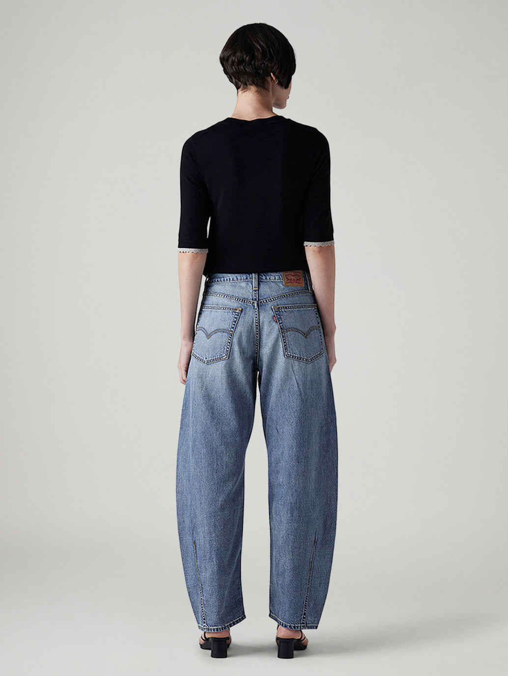 Women's Med Indigo Baggy Dad Barrel Loose Fit Mid Rise Jeans - Back View
