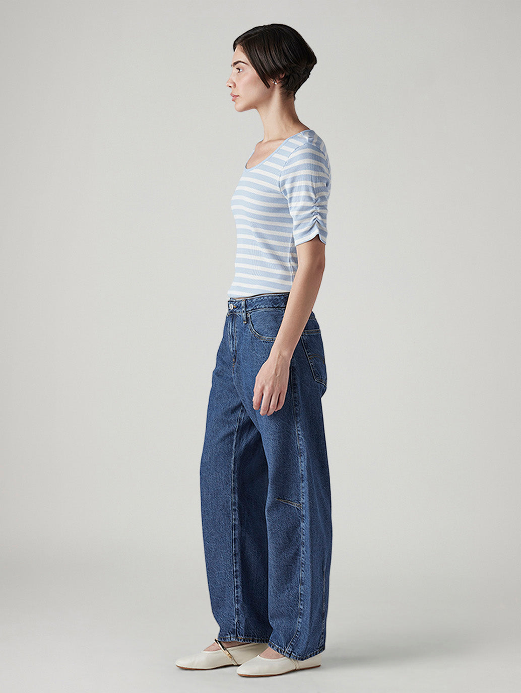 Women's Med Indigo Baggy Dad Barrel Loose Fit Mid Rise Jeans - Side View