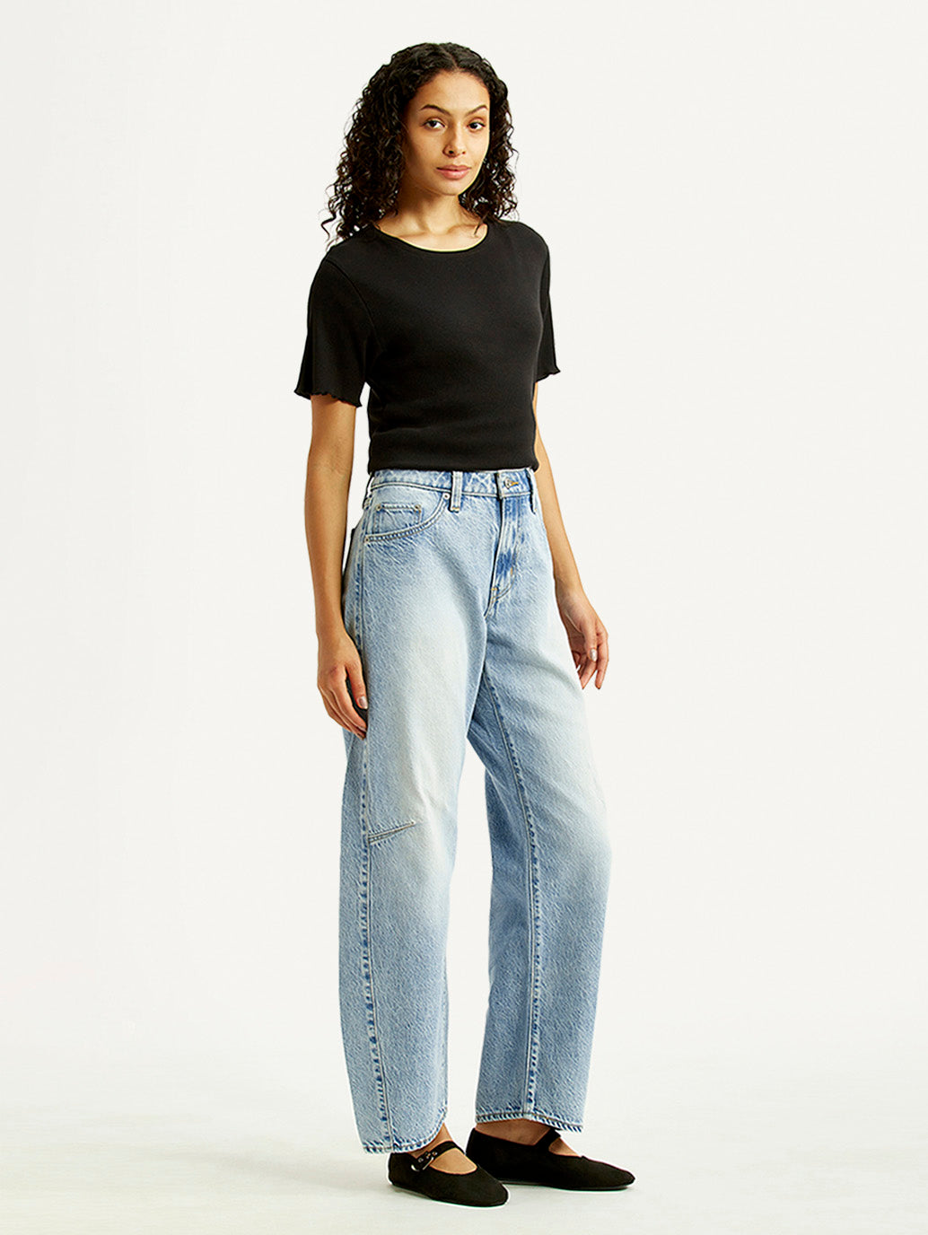 Women's Light Indigo Baggy Dad Barrel Fit High Rise Jeans - Side View