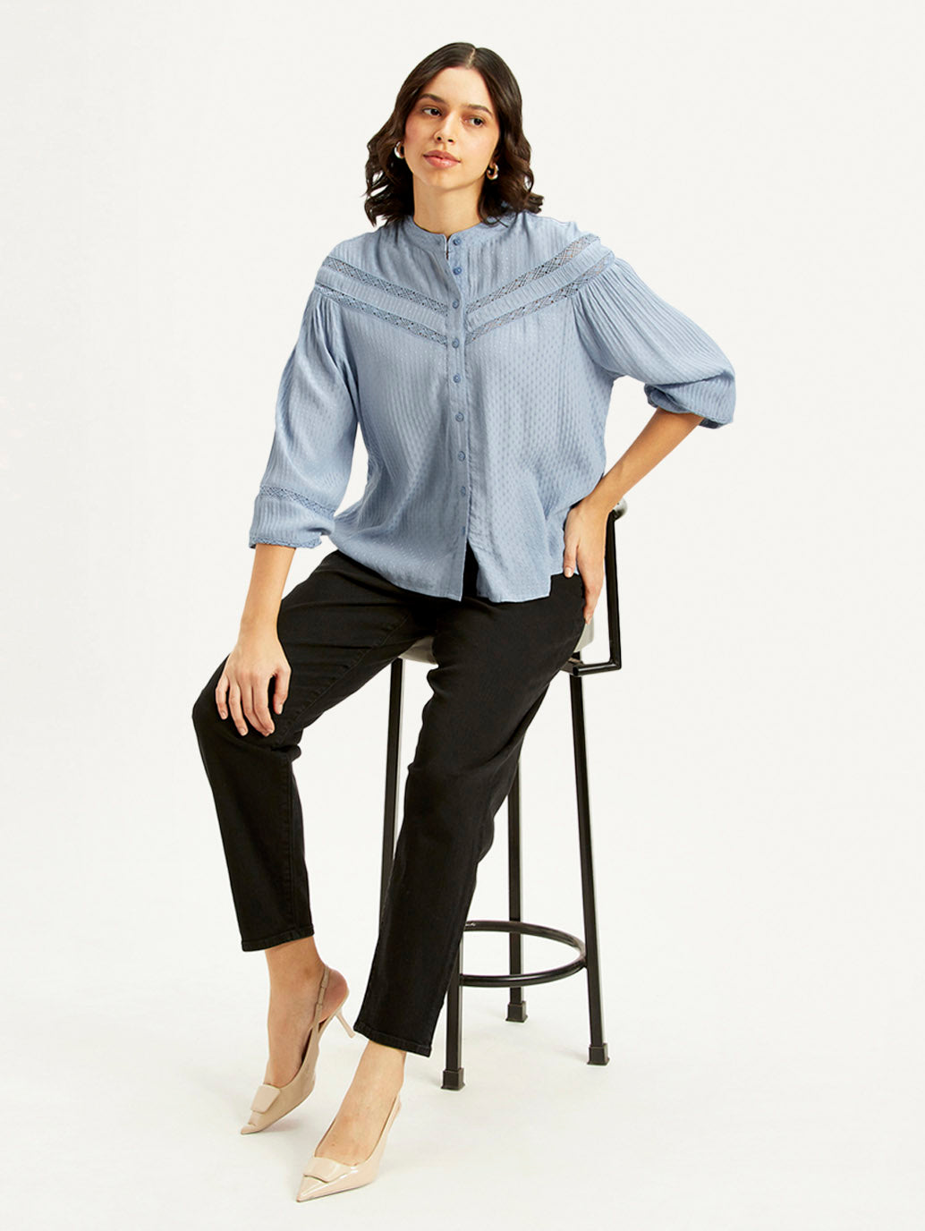 Women's Self Design Blue Mandarin Collar Top
