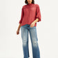 Women's Self Design Red Mandarin Collar Top - Styleshot View