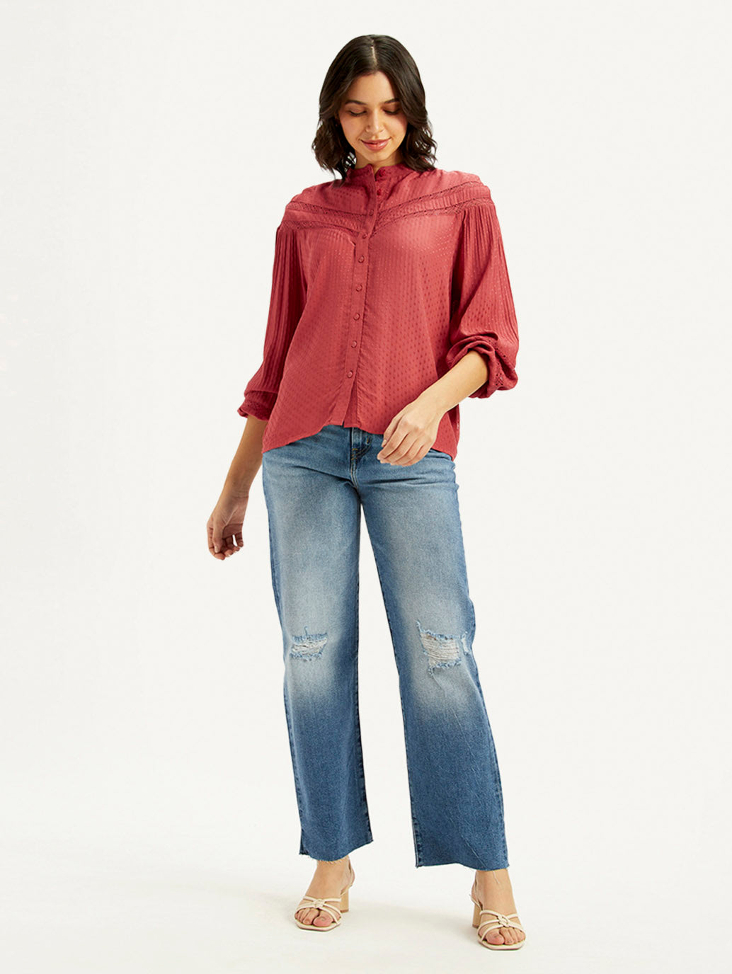 Women's Self Design Red Mandarin Collar Top - Styleshot View