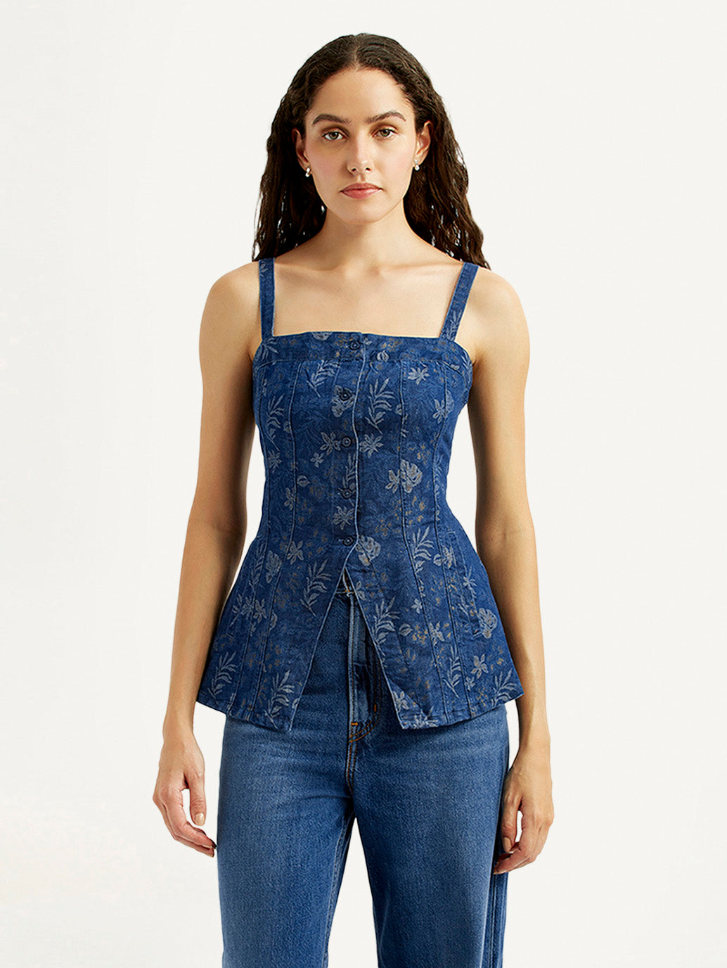 Women's Floral Indigo Square Neck Top - Front View