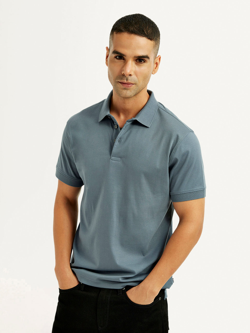 Men's Solid Blue Slim Fit Polo T-shirt - Elevated View