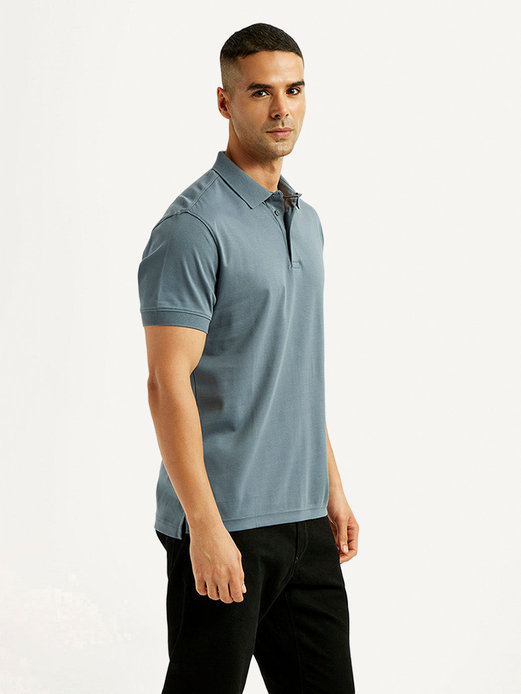 Men's Solid Blue Slim Fit Polo T-shirt - Side View