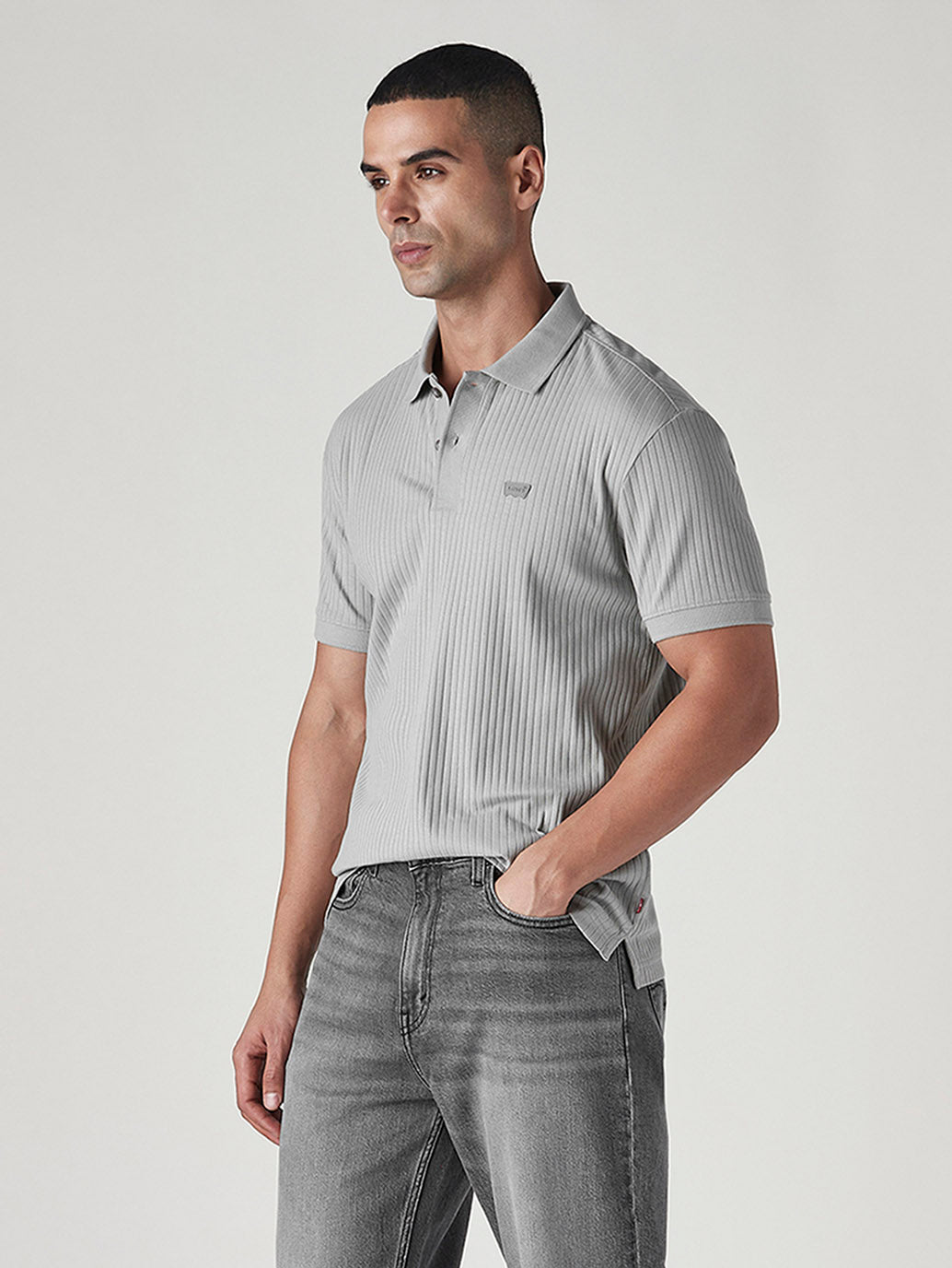 Men's Textured Grey Ribbed Polo T-shirt