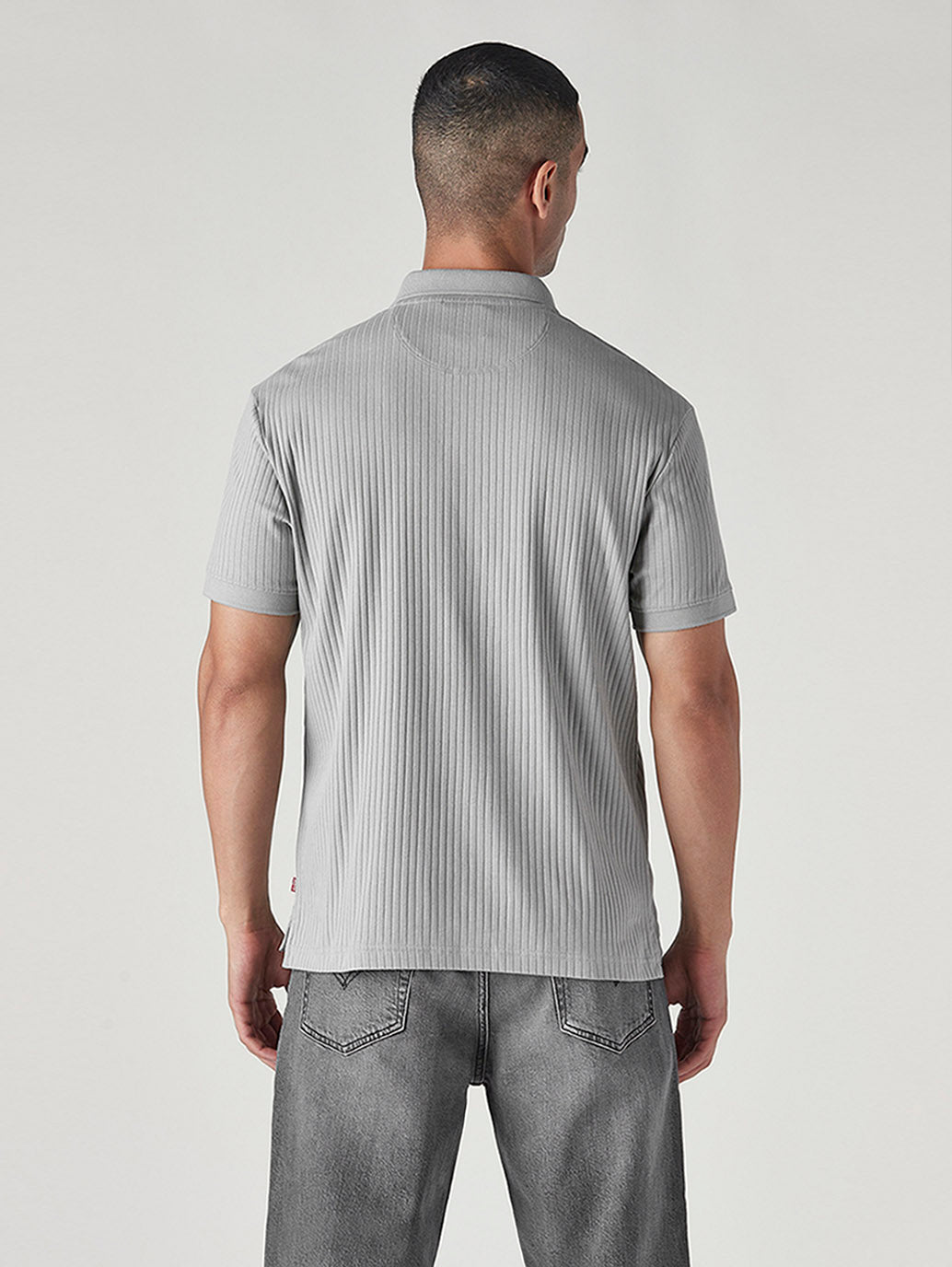 Men's Textured Grey Ribbed Polo T-shirt - Back View