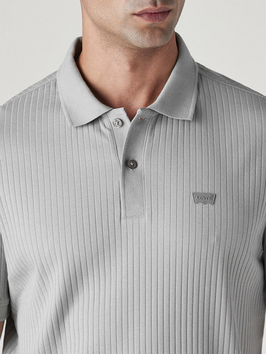 Men's Textured Grey Ribbed Polo T-shirt - Detail View