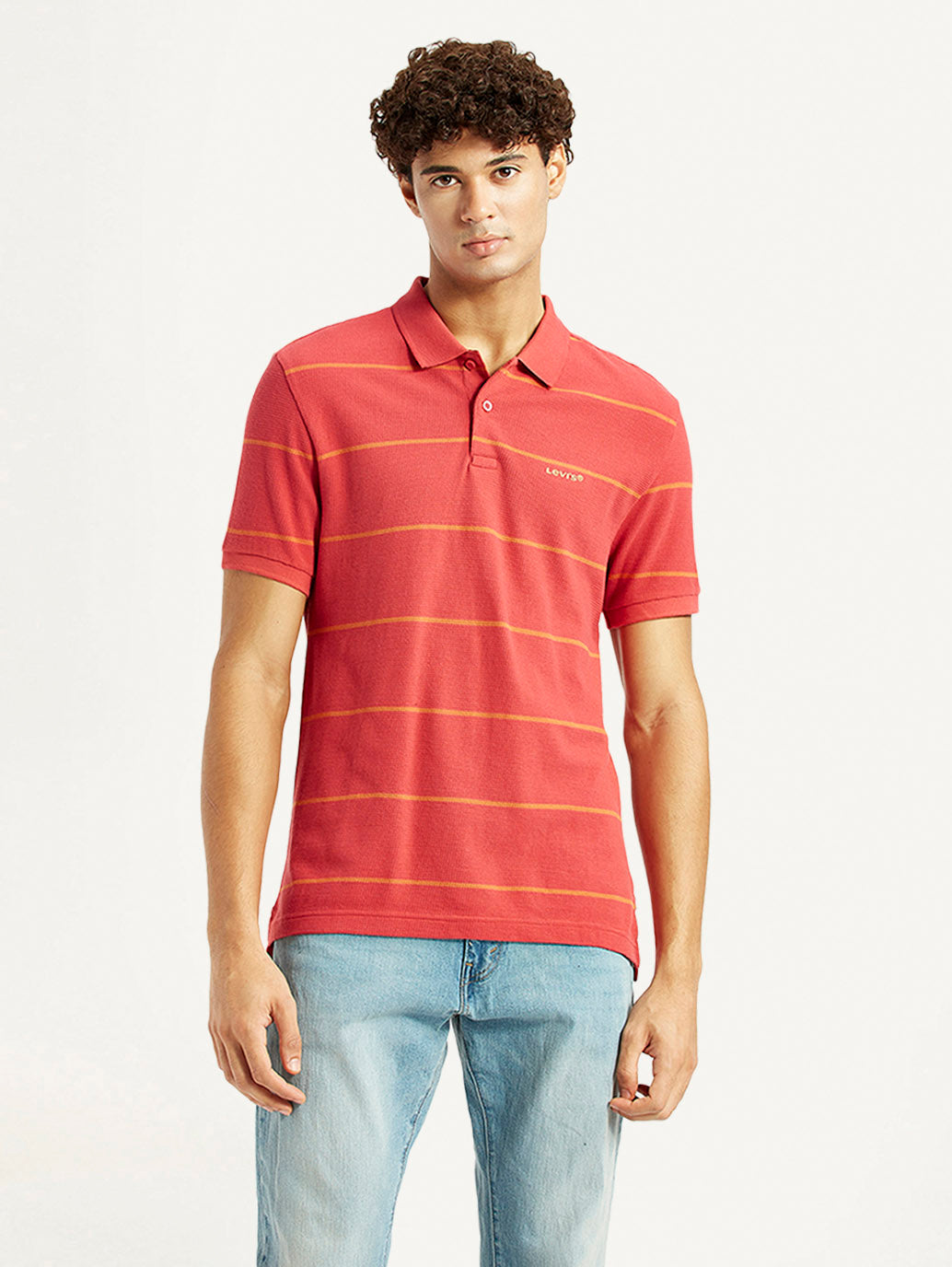 Men's Striped Red Slim Fit Polo T-shirt - Front View