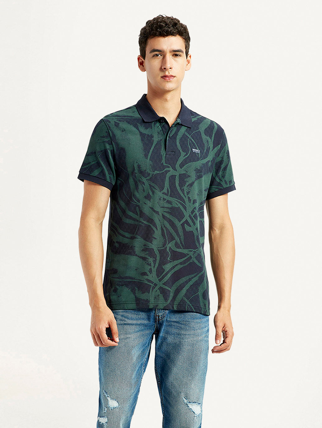 Men's Abstract Dark Green Slim Fit Polo T-shirt - Front View