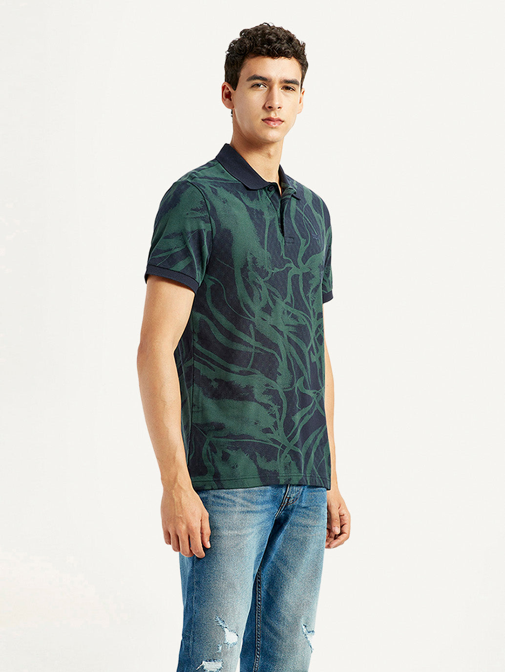 Men's Abstract Dark Green Slim Fit Polo T-shirt - Side View