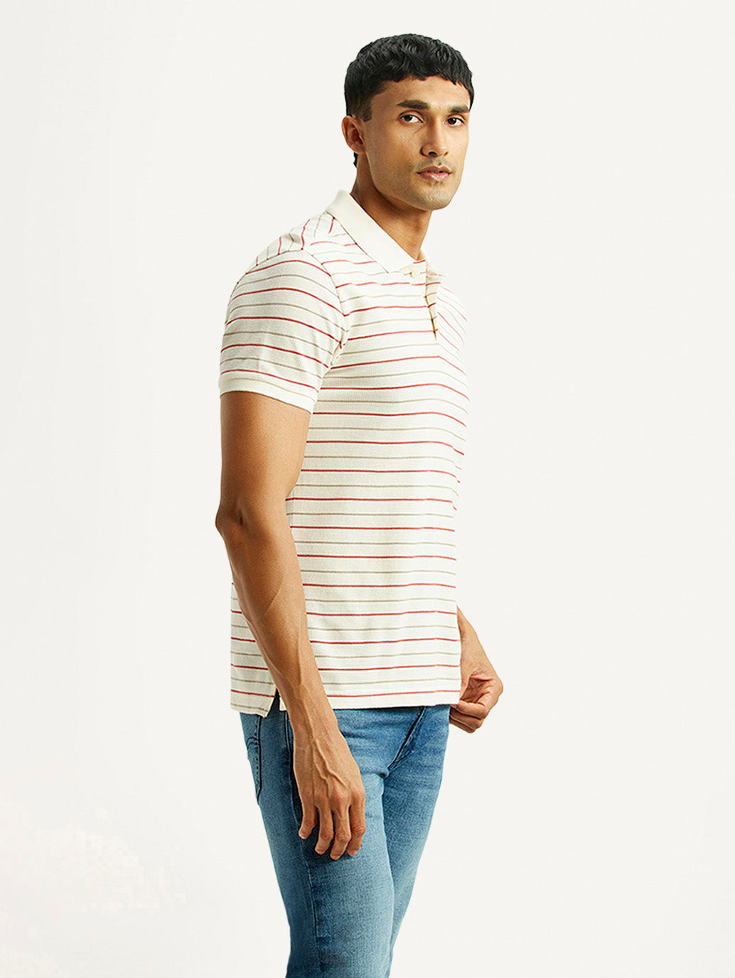 Men's Striped Off White Slim Fit Polo T-shirt - Side View