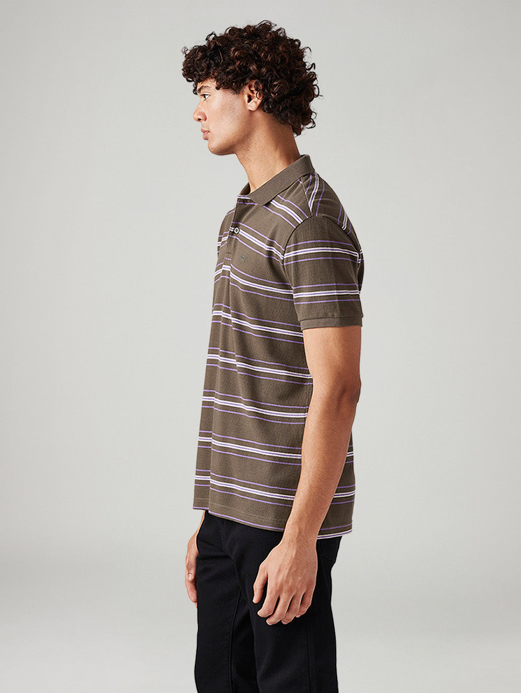 Men's Striped Slim Fit Textured Polo T-shirt - Side View