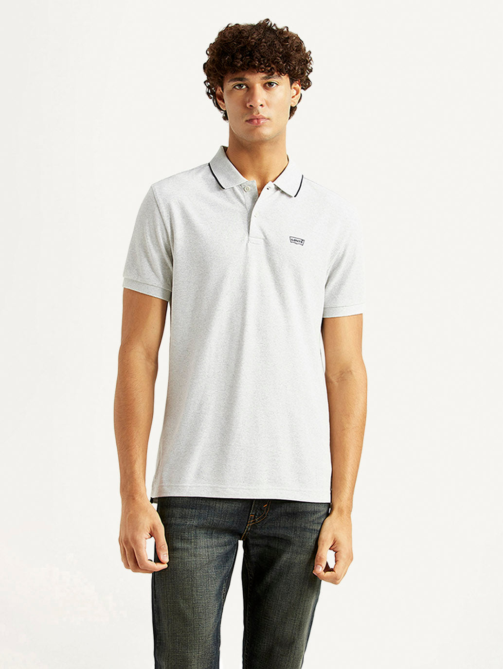 Men's Solid Light Grey Slim Fit Polo T-shirt - Front View