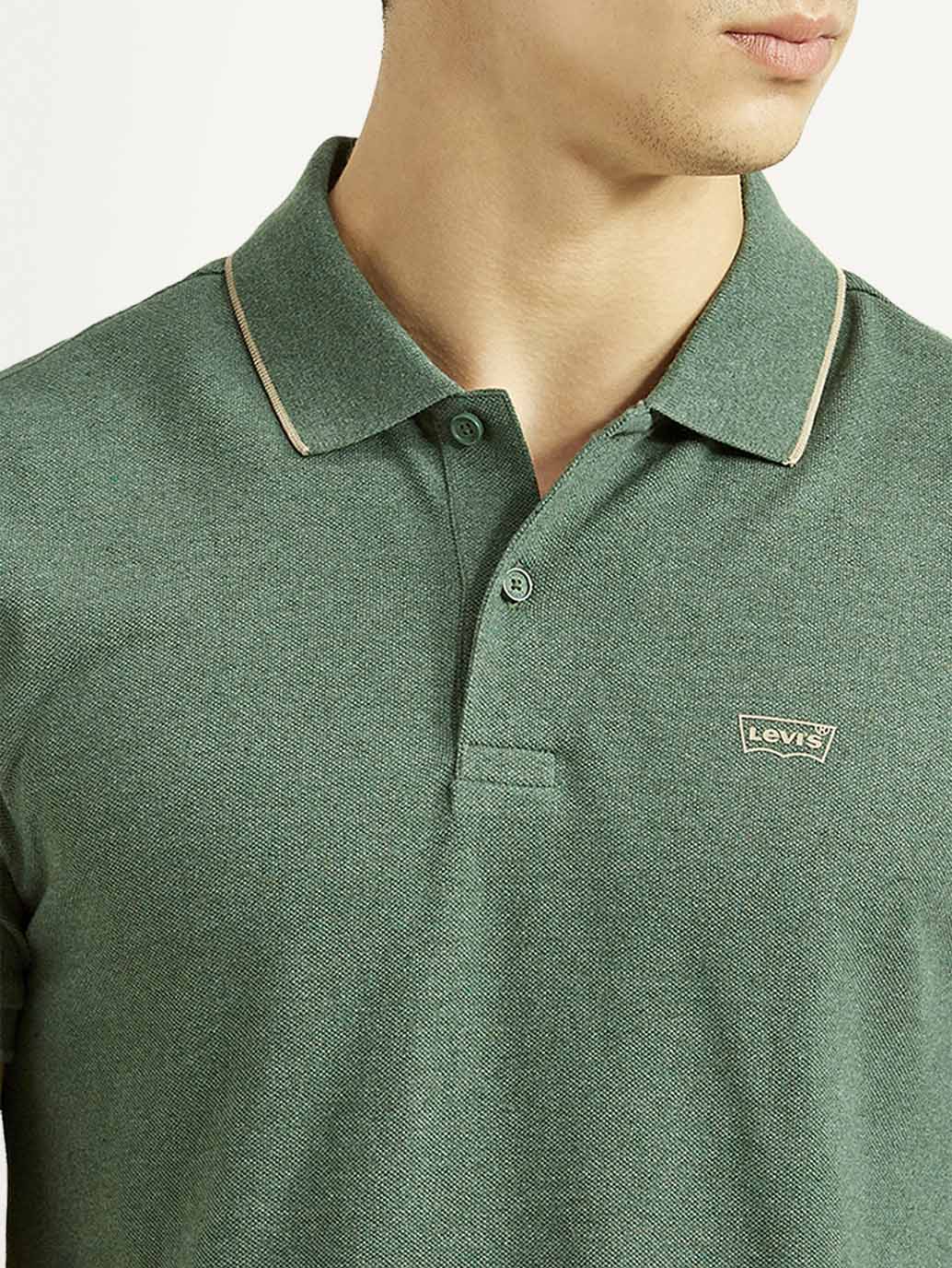 Men's Textured Green Slim Fit Polo T-shirt - Detail View