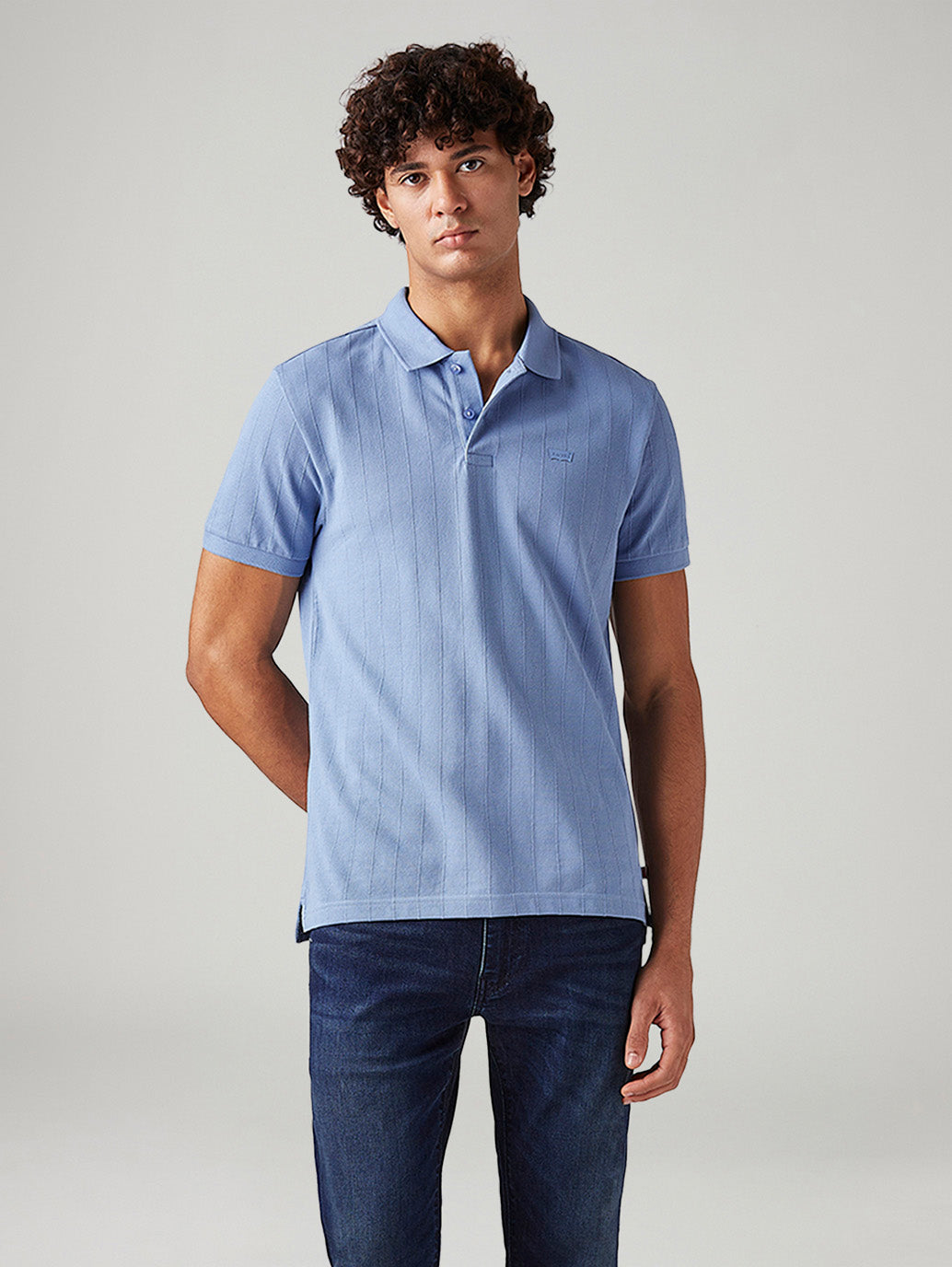 Men's Textured Light-Blue Slim Fit Textured Polo T-shirt
