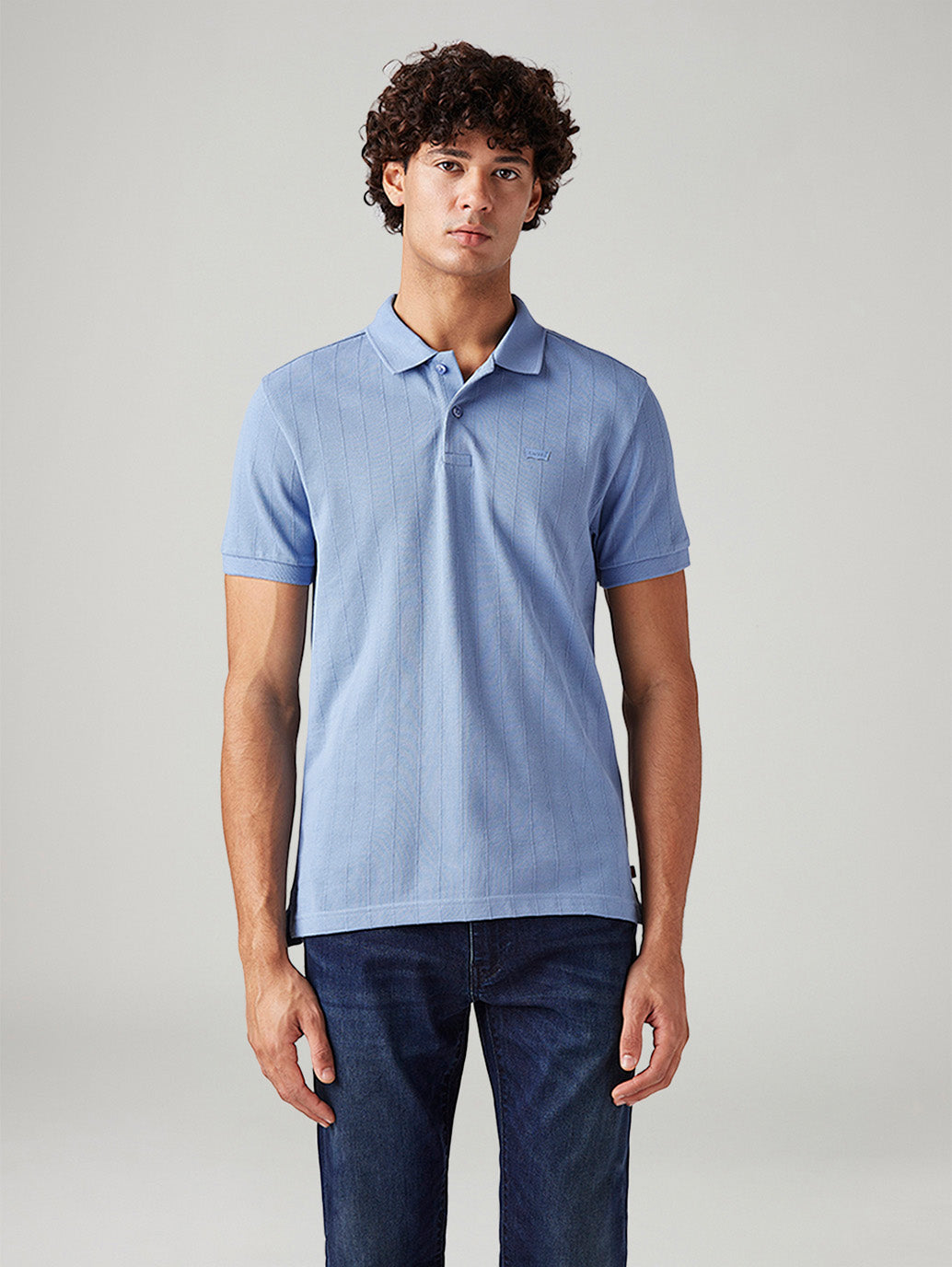 Men's Textured Light-Blue Slim Fit Textured Polo T-shirt - Front View