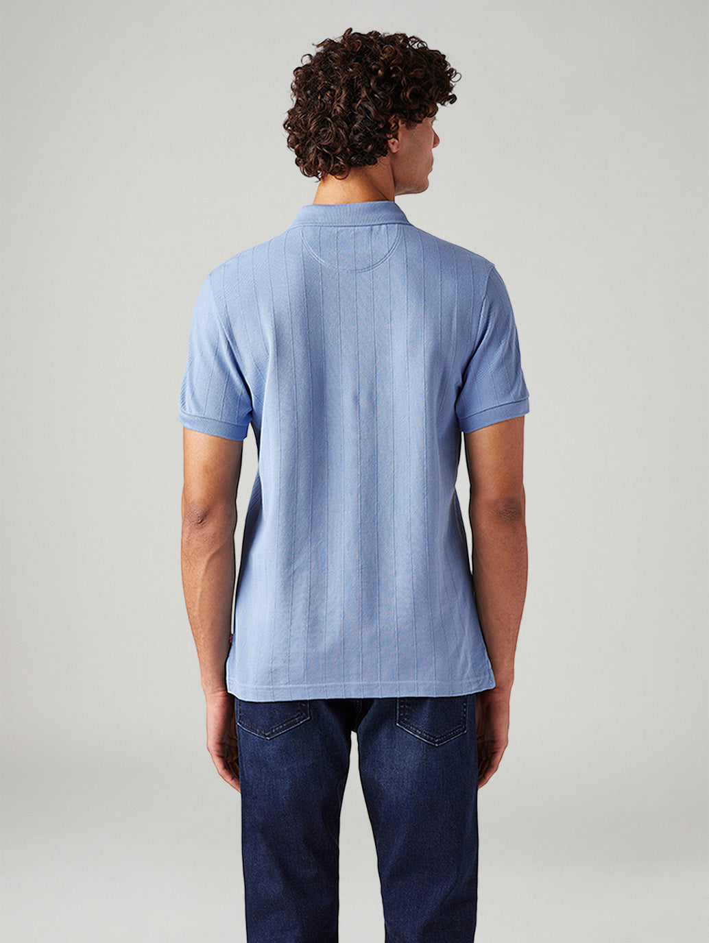Men's Textured Light-Blue Slim Fit Textured Polo T-shirt - Back View