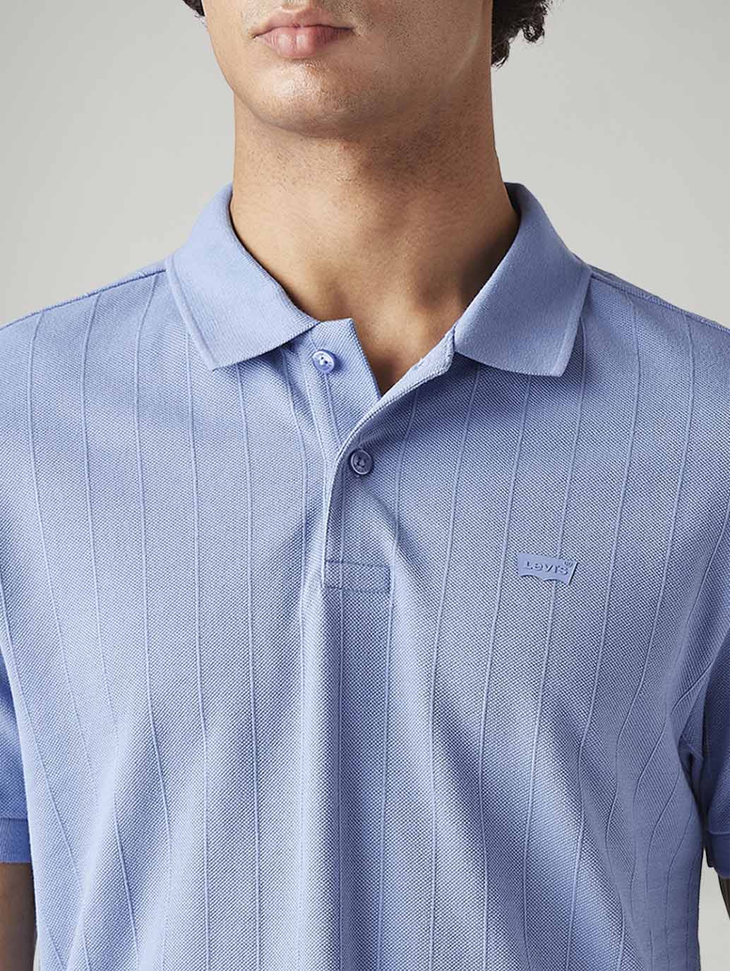 Men's Textured Light-Blue Slim Fit Textured Polo T-shirt - Detail View