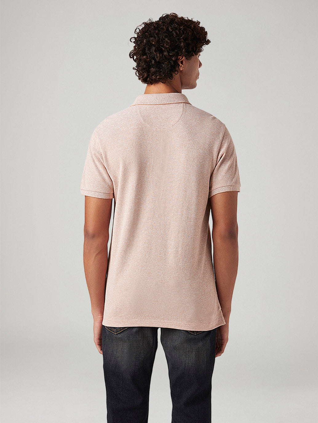 Men's Solid Slim Fit Pique Linen Polo T-Shirt - Back View