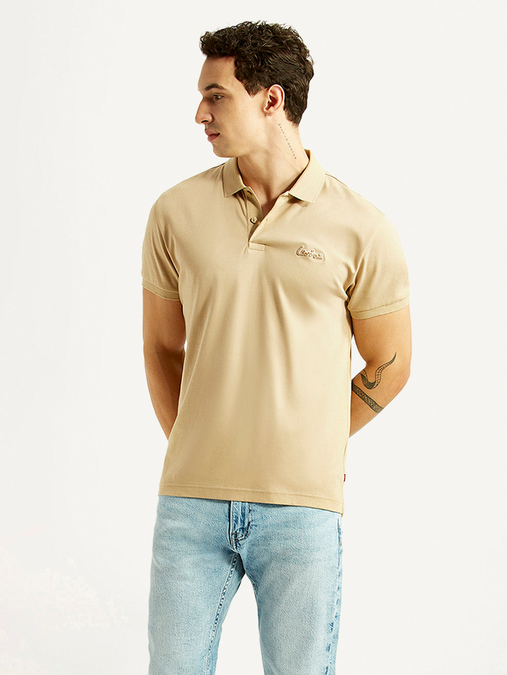 Men's Solid Beige Slim Fit Polo T-shirt