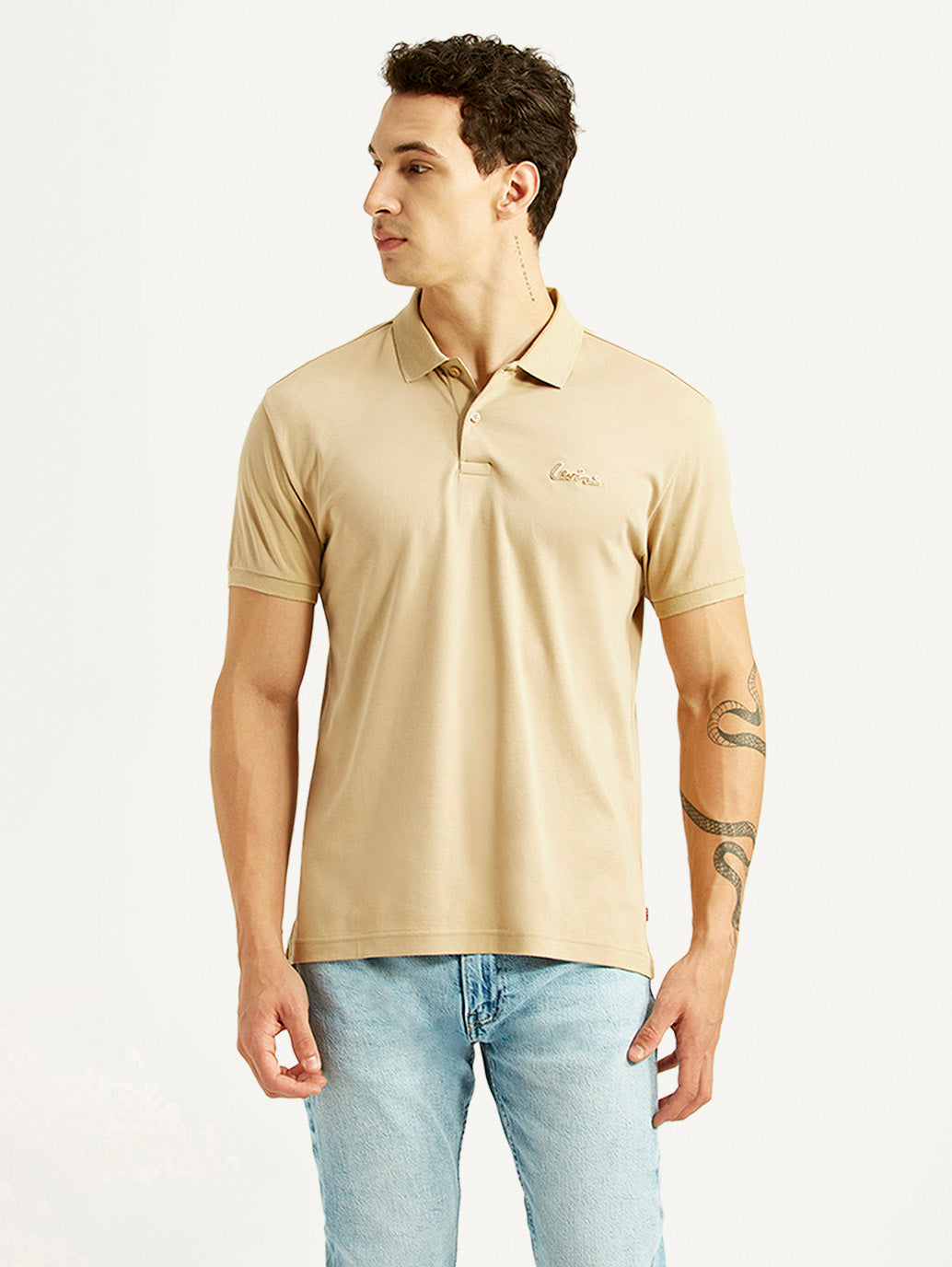 Men's Solid Beige Slim Fit Polo T-shirt - Front View