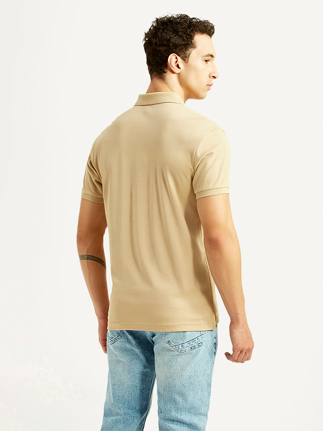 Men's Solid Beige Slim Fit Polo T-shirt - Back View
