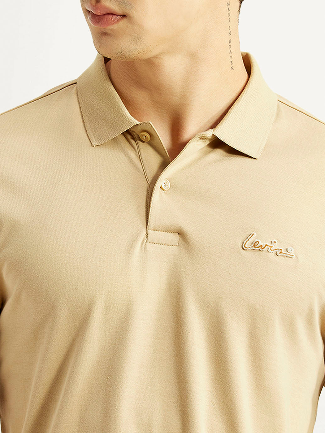 Men's Solid Beige Slim Fit Polo T-shirt - Detail View