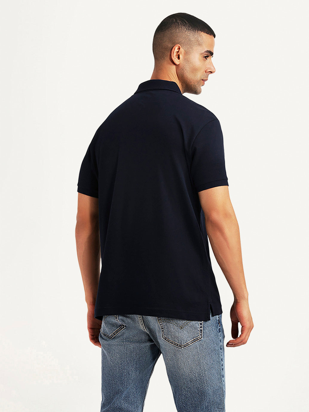 Men's Solid Navy Slim Fit Polo T-shirt - Back View