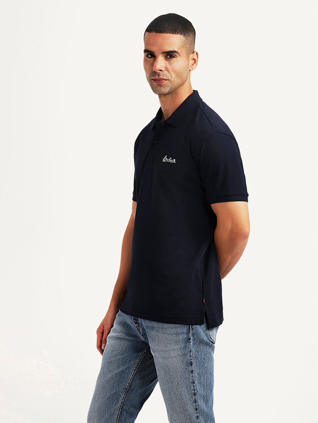 Men's Solid Navy Slim Fit Polo T-shirt - Side View