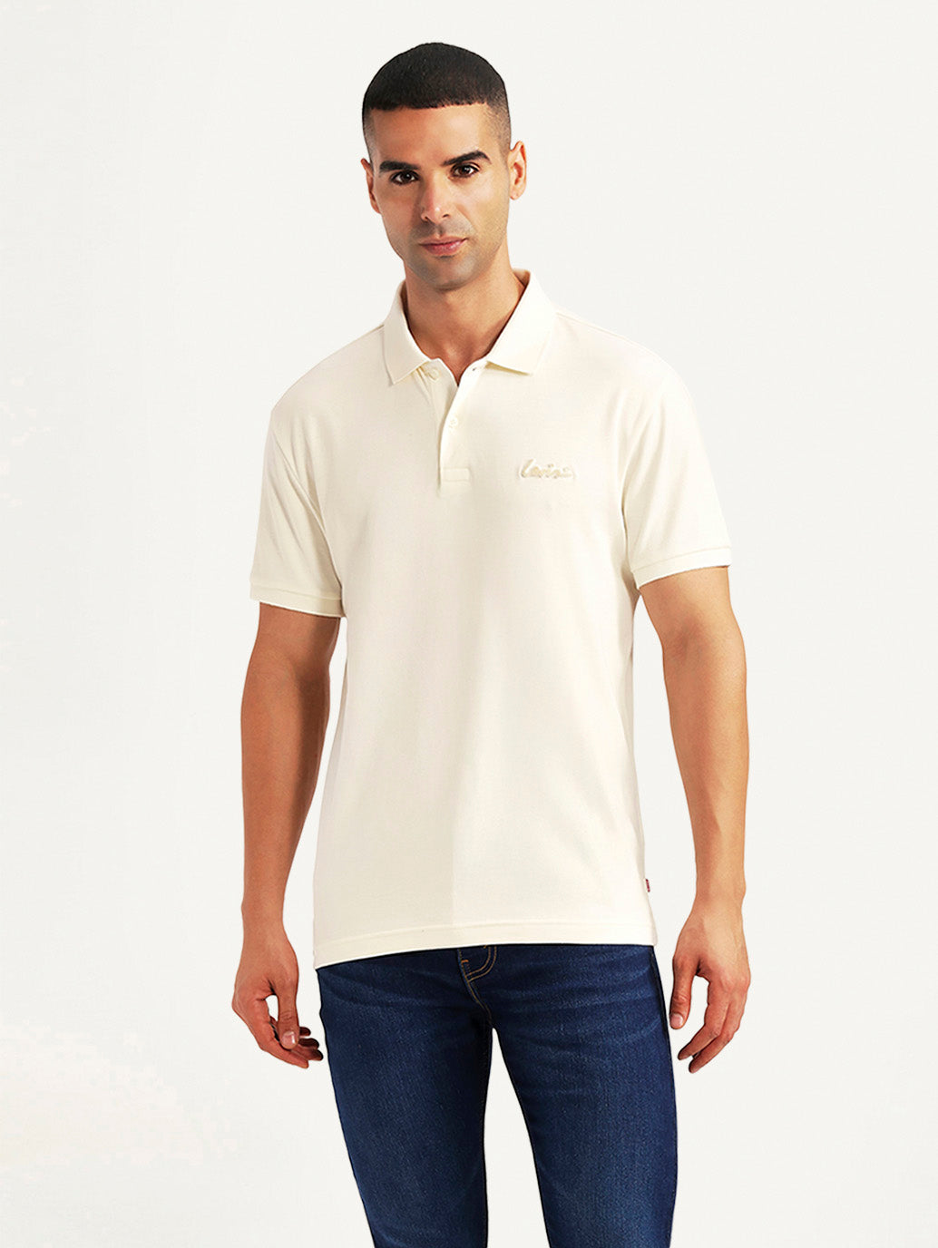 Men's Solid Off-White Slim Fit Polo T-shirt - Front View