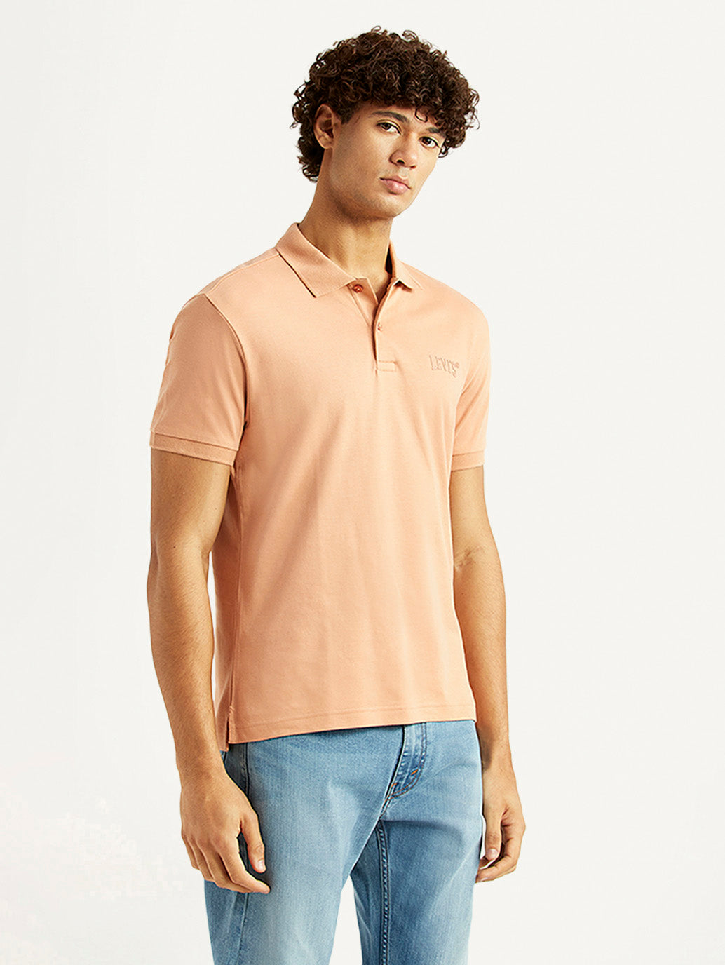 Men's Solid Peach Slim Fit Polo T-shirt - Side View